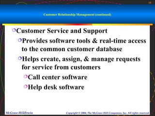 10



                    Customer Relationship Management (continued)



   Customer     Service and Support
       Provides software tools & real-time access

        to the common customer database
       Helps create, assign, & manage requests

        for service from customers
         Call center software

         Help desk software




McGraw-Hill/Irwin                 Copyright © 2004, The McGraw-Hill Companies, Inc. All rights reserved.
 