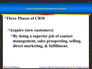 13



                    Customer Relationship Management (continued)



Three         Phases of CRM

   Acquire    (new customers)
       By doing a superior job of contact

        management, sales prospecting, selling,
        direct marketing, & fulfillment.




McGraw-Hill/Irwin                 Copyright © 2004, The McGraw-Hill Companies, Inc. All rights reserved.
 