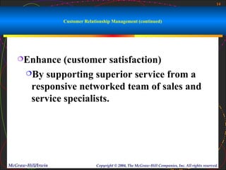 14



                    Customer Relationship Management (continued)




   Enhance     (customer satisfaction)
       By supporting superior service from a

        responsive networked team of sales and
        service specialists.




McGraw-Hill/Irwin                 Copyright © 2004, The McGraw-Hill Companies, Inc. All rights reserved.
 