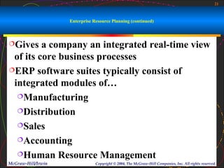 21



                    Enterprise Resource Planning (continued)



Gives   a company an integrated real-time view
 of its core business processes
ERP software suites typically consist of

 integrated modules of…
  Manufacturing

  Distribution

  Sales

  Accounting

  Human Resource Management
McGraw-Hill/Irwin               Copyright © 2004, The McGraw-Hill Companies, Inc. All rights reserved.
 