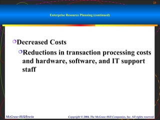 23



                    Enterprise Resource Planning (continued)




   Decreased   Costs
       Reductions in transaction processing costs

        and hardware, software, and IT support
        staff




McGraw-Hill/Irwin               Copyright © 2004, The McGraw-Hill Companies, Inc. All rights reserved.
 