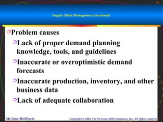 37



                    Supply Chain Management (continued)



Problem   causes
   Lack of proper demand planning

    knowledge, tools, and guidelines
   Inaccurate or overoptimistic demand

    forecasts
   Inaccurate production, inventory, and other

    business data
   Lack of adequate collaboration


McGraw-Hill/Irwin             Copyright © 2004, The McGraw-Hill Companies, Inc. All rights reserved.
 