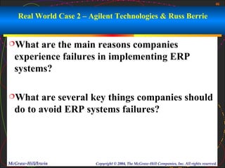 46


    Real World Case 2 – Agilent Technologies & Russ Berrie


What   are the main reasons companies
  experience failures in implementing ERP
  systems?

What    are several key things companies should
  do to avoid ERP systems failures?




McGraw-Hill/Irwin         Copyright © 2004, The McGraw-Hill Companies, Inc. All rights reserved.
 