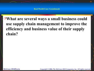 51



                    Real World Case 3 (continued)



What    are several ways a small business could
  use supply chain management to improve the
  efficiency and business value of their supply
  chain?




McGraw-Hill/Irwin         Copyright © 2004, The McGraw-Hill Companies, Inc. All rights reserved.
 