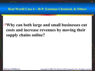 52



    Real World Case 4 – H-P, Eastman Chemical, & Others



Why    can both large and small businesses cut
  costs and increase revenues by moving their
  supply chains online?




McGraw-Hill/Irwin        Copyright © 2004, The McGraw-Hill Companies, Inc. All rights reserved.
 