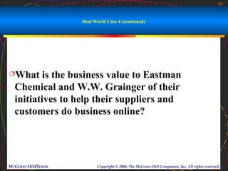 53



                    Real World Case 4 (continued)




What     is the business value to Eastman
  Chemical and W.W. Grainger of their
  initiatives to help their suppliers and
  customers do business online?




McGraw-Hill/Irwin         Copyright © 2004, The McGraw-Hill Companies, Inc. All rights reserved.
 