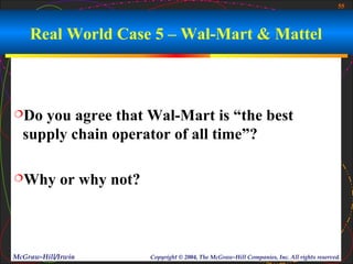 55



    Real World Case 5 – Wal-Mart & Mattel



Do  you agree that Wal-Mart is “the best
  supply chain operator of all time”?

Why        or why not?



McGraw-Hill/Irwin         Copyright © 2004, The McGraw-Hill Companies, Inc. All rights reserved.
 