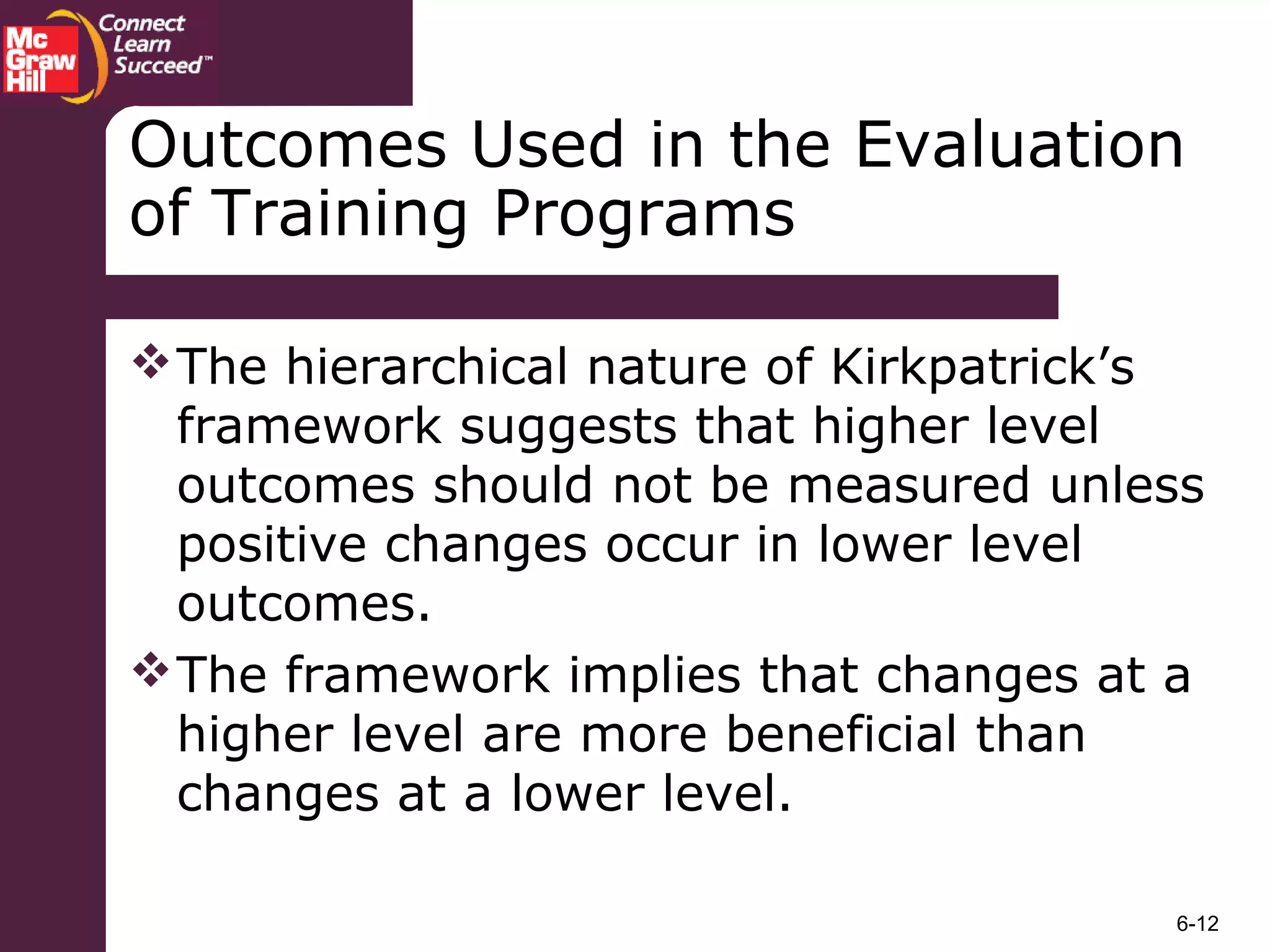 6-12
Outcomes Used in the Evaluation
of Training Programs
The hierarchical nature of Kirkpatrick’s
framework suggests that higher level
outcomes should not be measured unless
positive changes occur in lower level
outcomes.
The framework implies that changes at a
higher level are more beneficial than
changes at a lower level.
 