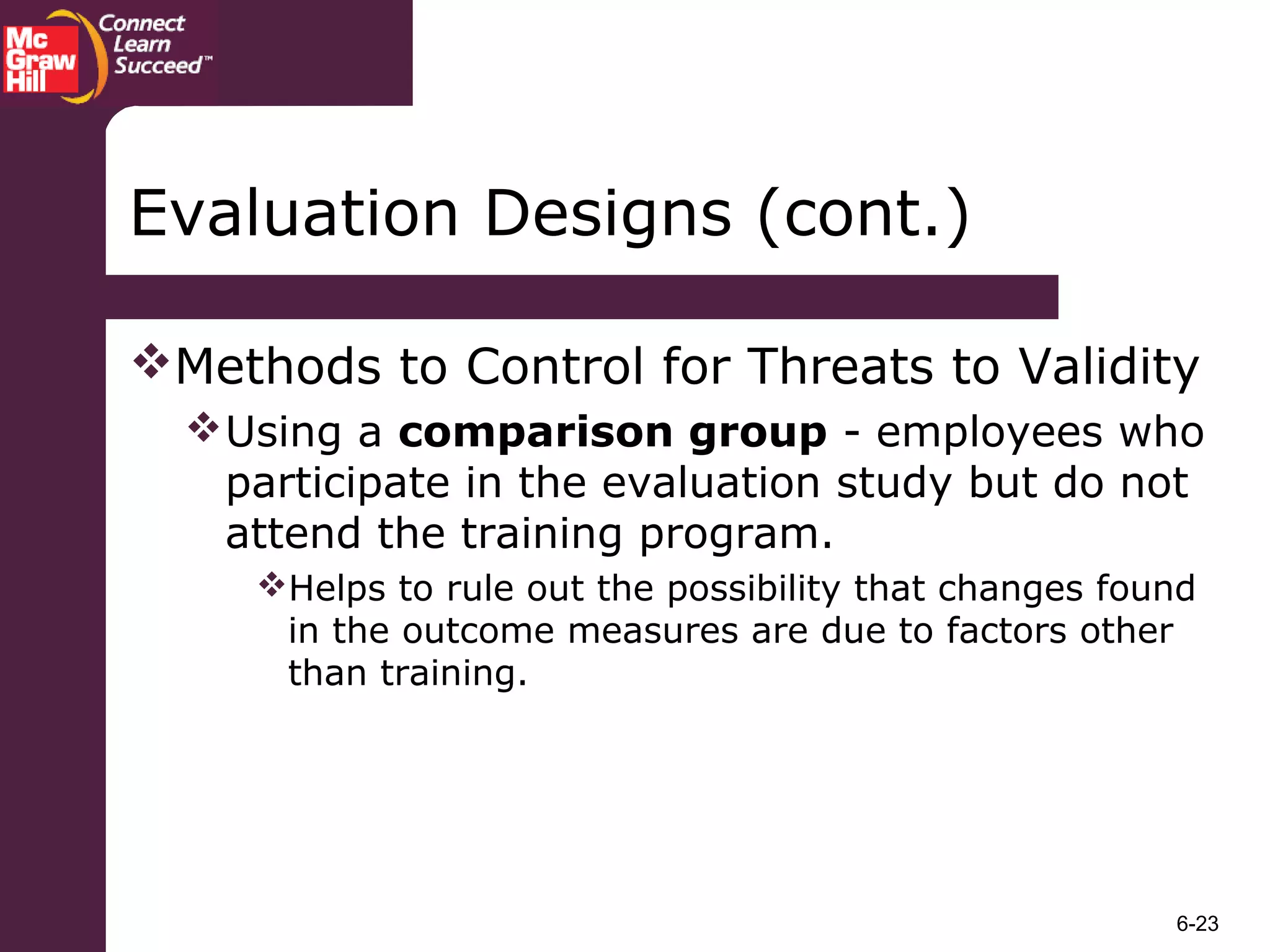 6-23
Methods to Control for Threats to Validity
Using a comparison group - employees who
participate in the evaluation study but do not
attend the training program.
Helps to rule out the possibility that changes found
in the outcome measures are due to factors other
than training.
Evaluation Designs (cont.)
 