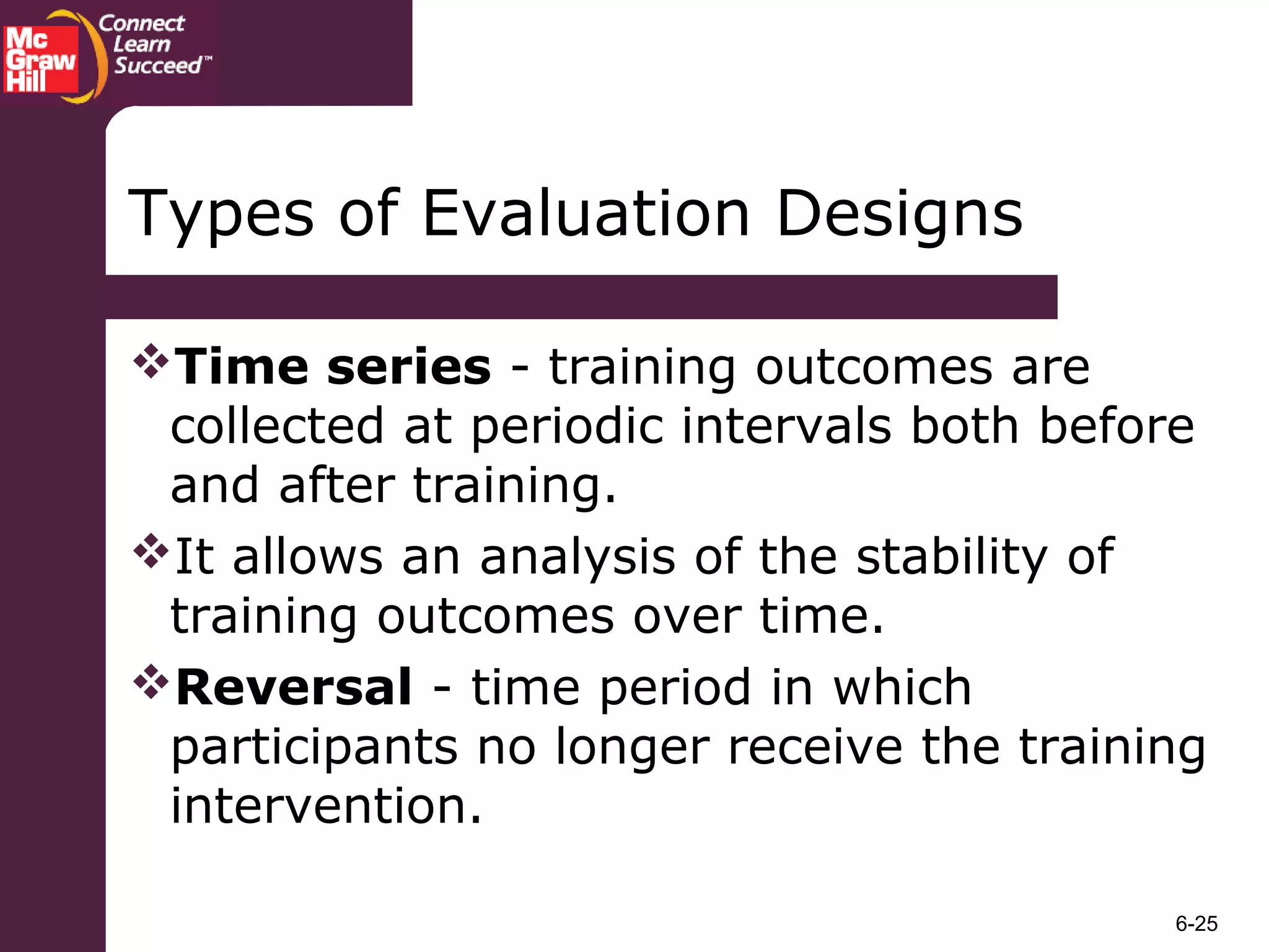 6-25
Time series - training outcomes are
collected at periodic intervals both before
and after training.
It allows an analysis of the stability of
training outcomes over time.
Reversal - time period in which
participants no longer receive the training
intervention.
Types of Evaluation Designs
 
