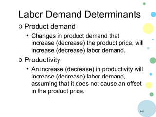 6-8
Labor Demand Determinants
o Product demand
• Changes in product demand that
increase (decrease) the product price, will
increase (decrease) labor demand.
o Productivity
• An increase (decrease) in productivity will
increase (decrease) labor demand,
assuming that it does not cause an offset
in the product price.
 