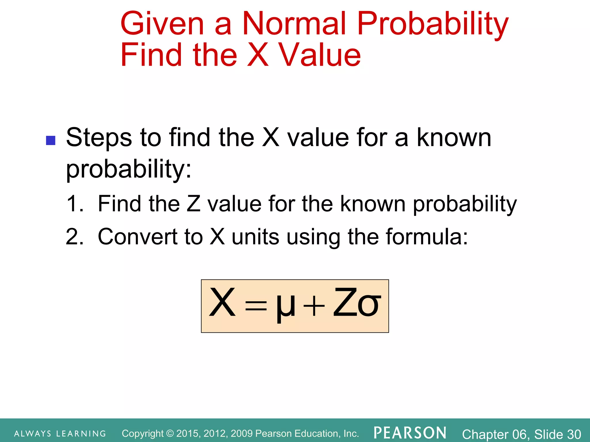 Copyright © 2015, 2012, 2009 Pearson Education, Inc. Chapter 06, Slide 30
 Steps to find the X value for a known
probability:
1. Find the Z value for the known probability
2. Convert to X units using the formula:
Given a Normal Probability
Find the X Value
Zσ
μ
X 

 
