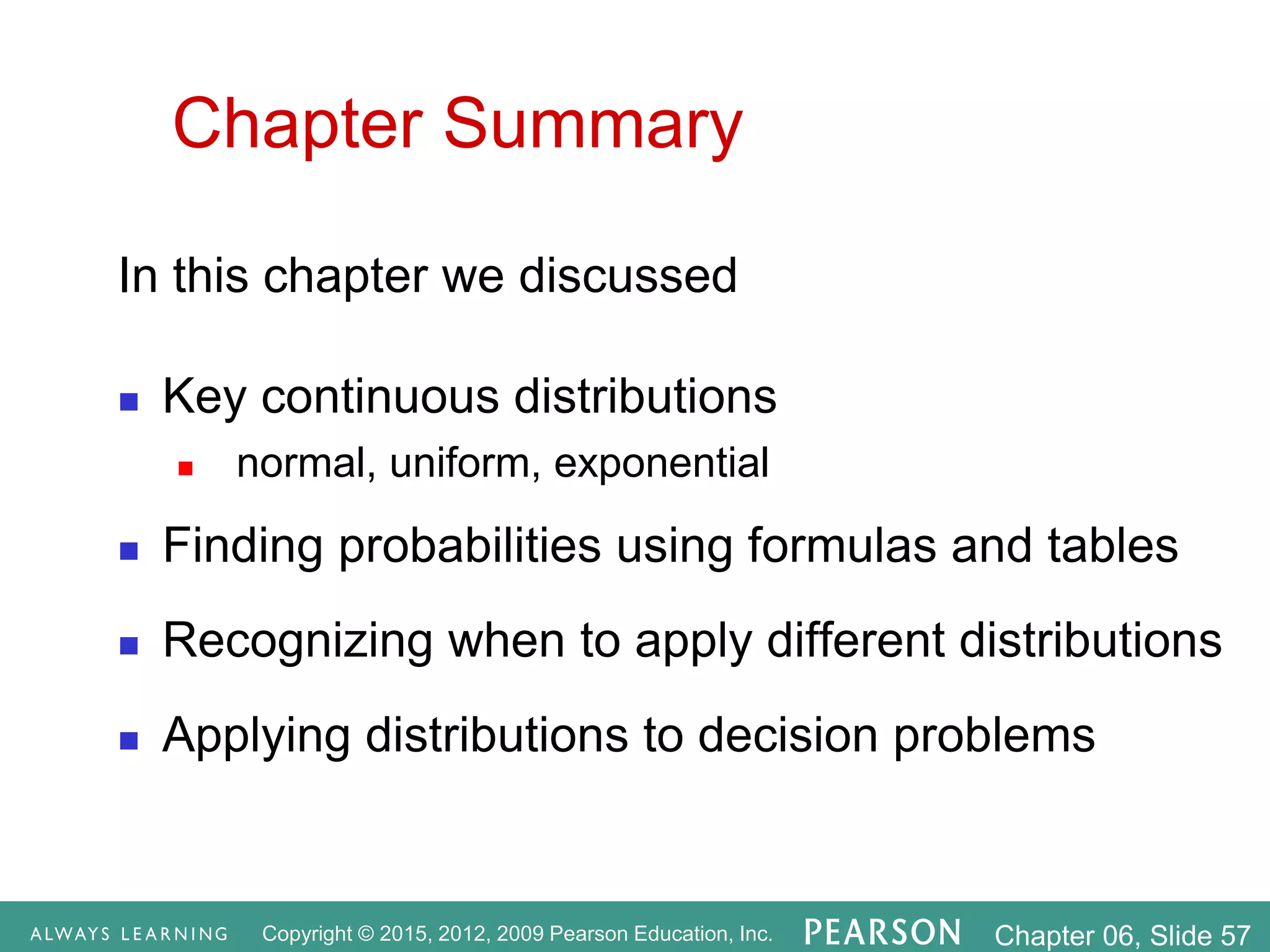 Copyright © 2015, 2012, 2009 Pearson Education, Inc. Chapter 06, Slide 57
Chapter Summary
In this chapter we discussed
 Key continuous distributions
 normal, uniform, exponential
 Finding probabilities using formulas and tables
 Recognizing when to apply different distributions
 Applying distributions to decision problems
 