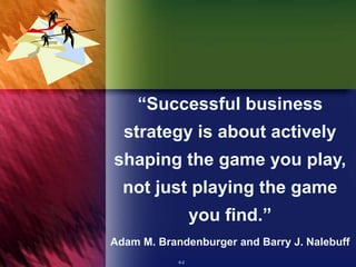 6-2
“Successful business
strategy is about actively
shaping the game you play,
not just playing the game
you find.”
Adam M. Brandenburger and Barry J. Nalebuff
 