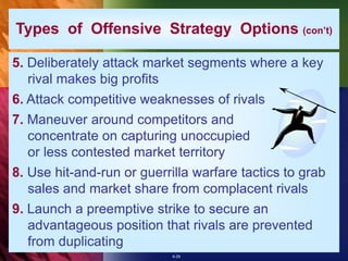 6-29
Types of Offensive Strategy Options (con’t)
5. Deliberately attack market segments where a key
rival makes big profits
6. Attack competitive weaknesses of rivals
7. Maneuver around competitors and
concentrate on capturing unoccupied
or less contested market territory
8. Use hit-and-run or guerrilla warfare tactics to grab
sales and market share from complacent rivals
9. Launch a preemptive strike to secure an
advantageous position that rivals are prevented
from duplicating
 