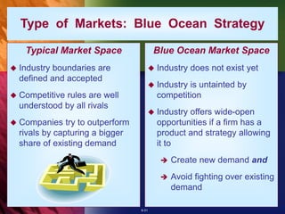 6-31
Type of Markets: Blue Ocean Strategy
Typical Market Space
 Industry boundaries are
defined and accepted
 Competitive rules are well
understood by all rivals
 Companies try to outperform
rivals by capturing a bigger
share of existing demand
Blue Ocean Market Space
 Industry does not exist yet
 Industry is untainted by
competition
 Industry offers wide-open
opportunities if a firm has a
product and strategy allowing
it to
 Create new demand and
 Avoid fighting over existing
demand
 