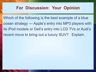 6-32
For Discussion: Your Opinion
Which of the following is the best example of a blue
ocean strategy — Apple’s entry into MP3 players with
its iPod models or Dell’s entry into LCD TVs or Audi’s
recent move to bring out a luxury SUV? Explain.
 