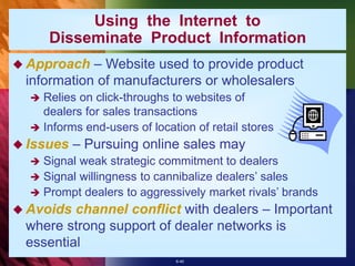 6-40
Using the Internet to
Disseminate Product Information
 Approach – Website used to provide product
information of manufacturers or wholesalers
 Relies on click-throughs to websites of
dealers for sales transactions
 Informs end-users of location of retail stores
 Issues – Pursuing online sales may
 Signal weak strategic commitment to dealers
 Signal willingness to cannibalize dealers’ sales
 Prompt dealers to aggressively market rivals’ brands
 Avoids channel conflict with dealers – Important
where strong support of dealer networks is
essential
 