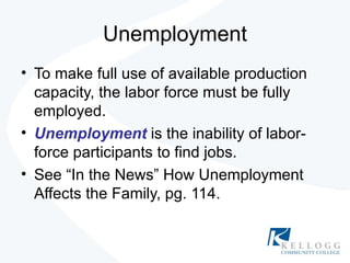 Unemployment To make full use of available production capacity, the labor force must be fully employed. Unemployment   is the inability of labor-force participants to find jobs. See “In the News” How Unemployment Affects the Family, pg. 114. 