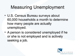 Measuring Unemployment U.S. Census Bureau surveys about 60,000 households a month to determine how many people are actually unemployed. A person is considered unemployed if he or she is not employed and is actively seeking a job. 
