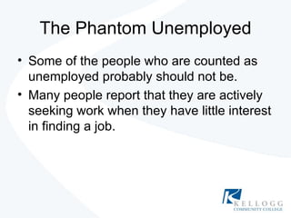 The Phantom Unemployed Some of the people who are counted as unemployed probably should not be. Many people report that they are actively seeking work when they have little interest in finding a job. 