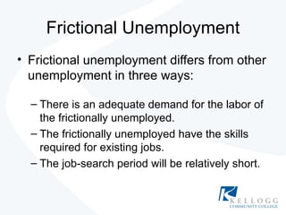 Frictional Unemployment Frictional unemployment differs from other unemployment in three ways: There is an adequate demand for the labor of the frictionally unemployed. The frictionally unemployed have the skills required for existing jobs. The job-search period will be relatively short. 