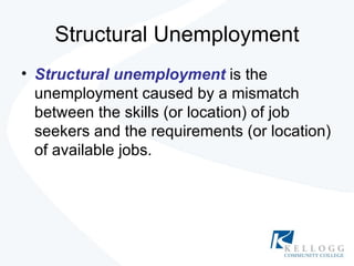 Structural Unemployment Structural unemployment  is the unemployment caused by a mismatch between the skills (or location) of job seekers and the requirements (or location) of available jobs. 