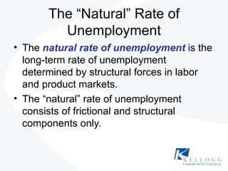 The “Natural” Rate of Unemployment The  natural rate of unemployment  is the long-term rate of unemployment determined by structural forces in labor and product markets. The “natural” rate of unemployment consists of frictional and structural components only. 