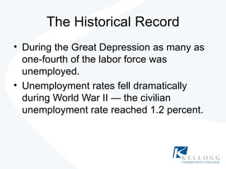 The Historical Record During the Great Depression as many as one-fourth of the labor force was unemployed. Unemployment rates fell dramatically during World War II — the civilian unemployment rate reached 1.2 percent. 