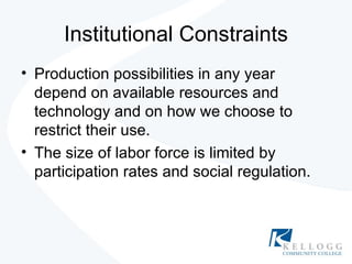 Institutional Constraints Production possibilities in any year depend on available resources and technology and on how we choose to restrict their use. The size of labor force is limited by participation rates and social regulation. 