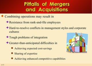 6-13
Pitfalls of MergersPitfalls of Mergers
and Acquisitionsand Acquisitions
 Combining operations may result in
 Resistance from rank-and-file employees
 Hard-to-resolve conflicts in management styles and corporate
cultures
 Tough problems of integration
 Greater-than-anticipated difficulties in
 Achieving expected cost-savings
 Sharing of expertise
 Achieving enhanced competitive capabilities
 