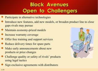 6-38
Block AvenuesBlock Avenues
Open to ChallengersOpen to Challengers
 Participate in alternative technologies
 Introduce new features, add new models, or broaden product line to close
gaps rivals may pursue
 Maintain economy-priced models
 Increase warranty coverage
 Offer free training and support services
 Reduce delivery times for spare parts
 Make early announcements about new
products or price changes
 Challenge quality or safety of rivals’ products
using legal tactics
 Sign exclusive agreements with distributors
 