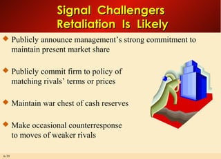 6-39
Signal ChallengersSignal Challengers
Retaliation Is LikelyRetaliation Is Likely
 Publicly announce management’s strong commitment to
maintain present market share
 Publicly commit firm to policy of
matching rivals’ terms or prices
 Maintain war chest of cash reserves
 Make occasional counterresponse
to moves of weaker rivals
 