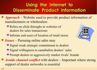 6-41
Using the Internet toUsing the Internet to
Disseminate Product InformationDisseminate Product Information
 Approach – Website used to provide product information of
manufacturers or wholesalers
 Relies on click-throughs to websites of
dealers for sales transactions
 Informs end-users of location of retail stores
 Issues – Pursuing online sales may
 Signal weak strategic commitment to dealers
 Signal willingness to cannibalize dealers’ sales
 Prompt dealers to aggressively market rivals’ brands
 Avoids channel conflict with dealers – Important where strong
support of dealer networks is essential
 