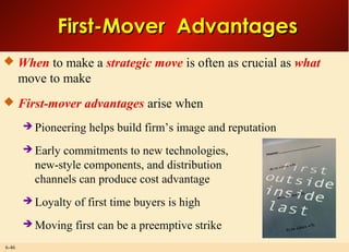 6-46
First-Mover AdvantagesFirst-Mover Advantages
 When to make a strategic move is often as crucial as what
move to make
 First-mover advantages arise when
 Pioneering helps build firm’s image and reputation
 Early commitments to new technologies,
new-style components, and distribution
channels can produce cost advantage
 Loyalty of first time buyers is high
 Moving first can be a preemptive strike
 
