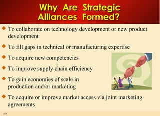 6-8
Why Are StrategicWhy Are Strategic
Alliances Formed?Alliances Formed?
 To collaborate on technology development or new product
development
 To fill gaps in technical or manufacturing expertise
 To acquire new competencies
 To improve supply chain efficiency
 To gain economies of scale in
production and/or marketing
 To acquire or improve market access via joint marketing
agreements
 