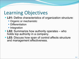 Learning Objectives L01:  Define characteristics of organization structure:  Organic or mechanistic Differentiation Integration L02:  Summarize how authority operates – who holds top authority in a company. L03:  Discuss how span of control affects structure and management effectiveness. 