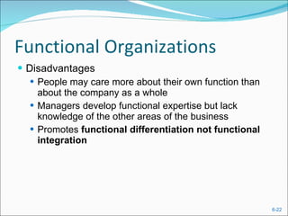 Functional Organizations Disadvantages People may care more about their own function than about the company as a whole Managers develop functional expertise but lack knowledge of the other areas of the business Promotes  functional differentiation not functional integration 