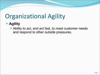 Organizational Agility Agility Ability to act, and act fast, to meet customer needs and respond to other outside pressures. 