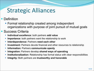 Strategic Alliances Definition Formal relationship created among independent organizations with purpose of joint pursuit of mutual goals Success Criteria Individual excellence:  both partners  add value Importance:  both partners want the relationship to work Interdependence:  Partners  need each other Investment:  Partners devote financial and other resources to relationship Information:  Partners  communicate openly Integration:  Partners develop  shared ways of operating Institutionalization:  Relationship has formal status with clear responsibilities Integrity:  Both partners are  trustworthy and honorable 