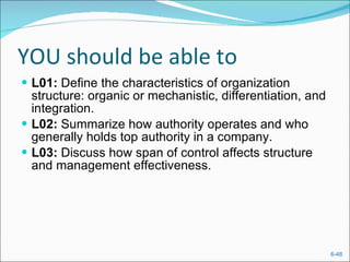 YOU should be able to L01:  Define the characteristics of organization structure: organic or mechanistic, differentiation, and integration. L02:  Summarize how authority operates and who generally holds top authority in a company. L03:  Discuss how span of control affects structure and management effectiveness. 