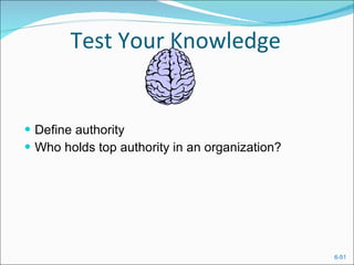 Test Your Knowledge Define authority Who holds top authority in an organization? 