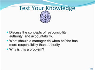 Test Your Knowledge Discuss the concepts of responsibility, authority, and accountability.  What should a manager do when he/she has more responsibility than authority Why is this a problem?  