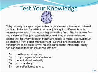 Test Your Knowledge Ruby recently accepted a job with a large insurance firm as an internal auditor.  Ruby has found that her new job is quite different than the internship she had at an accounting consulting firm.  The insurance firm has strictly defined job responsibilities and lines of communication.  It seems that for every decision that Ruby needs to make, approval must be obtained from upper management!  Overall, she has found the atmosphere to be quite formal as compared to the internship.  Ruby has concluded that the insurance firm has:  A) a wide span of control.  B) a high degree of centralization.  C) decentralized authority.  D) a matrix design.  E) an ineffective structure.  