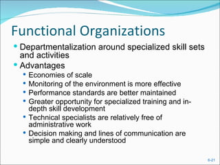 Functional Organizations
 Departmentalization around specialized skill sets
  and activities
 Advantages
   Economies of scale
   Monitoring of the environment is more effective
   Performance standards are better maintained
   Greater opportunity for specialized training and in-
    depth skill development
   Technical specialists are relatively free of
    administrative work
   Decision making and lines of communication are
    simple and clearly understood

                                                           6-21
 