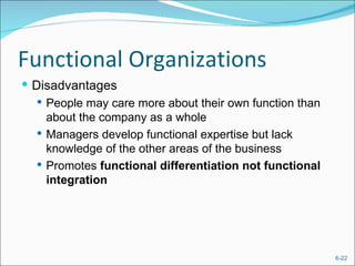 Functional Organizations
 Disadvantages
    People may care more about their own function than
     about the company as a whole
    Managers develop functional expertise but lack
     knowledge of the other areas of the business
    Promotes functional differentiation not functional
     integration




                                                          6-22
 