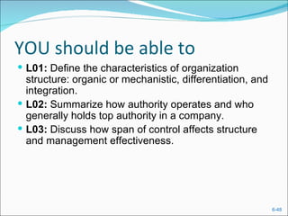YOU should be able to
 L01: Define the characteristics of organization
  structure: organic or mechanistic, differentiation, and
  integration.
 L02: Summarize how authority operates and who
  generally holds top authority in a company.
 L03: Discuss how span of control affects structure
  and management effectiveness.




                                                            6-48
 