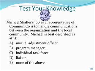Test Your Knowledge
Michael Shaffer's job as a representative of
 CommuniCo is to handle communications
 between the organization and the local
 community. Michael is best described as
 a(n):
 A) mutual adjustment officer.
 B) program manager.
 C) individual task force.
 D) liaison.
 E) none of the above.
                                               6-56
 