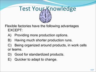 Test Your Knowledge

Flexible factories have the following advantages
  EXCEPT:
  A) Providing more production options.
  B) Having much shorter production runs.
  C) Being organized around products, in work cells
  or teams.
  D) Good for standardized products.
  E) Quicker to adapt to change.

                                                      6-57
 