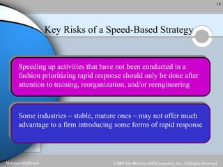Key Risks of a Speed-Based Strategy Speeding up activities that have not been conducted in a fashion prioritizing rapid response should only be done after attention to training, reorganization, and/or reengineering Some industries – stable, mature ones – may not offer much advantage to a firm introducing some forms of rapid response 
